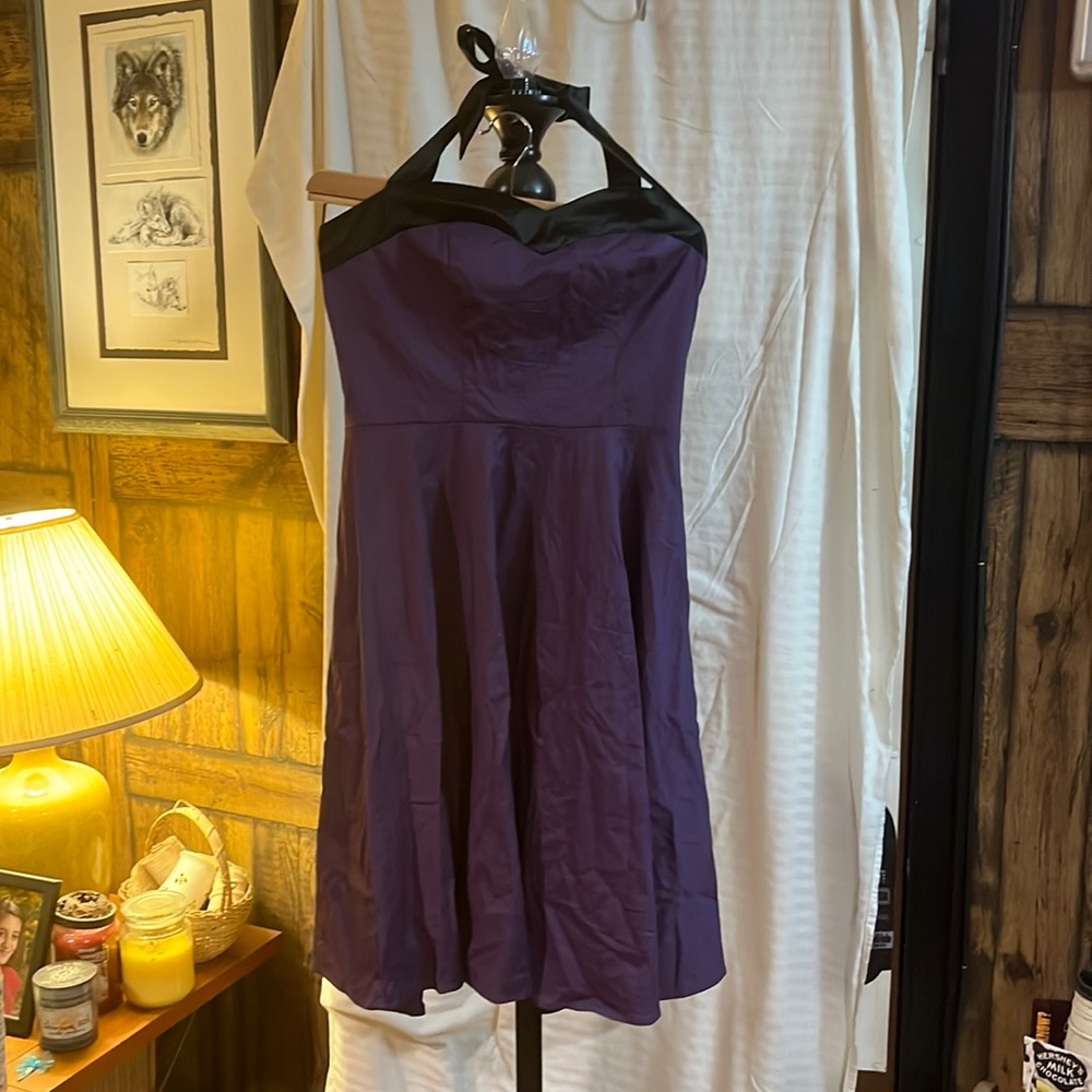 Purple and black corseted halter dress